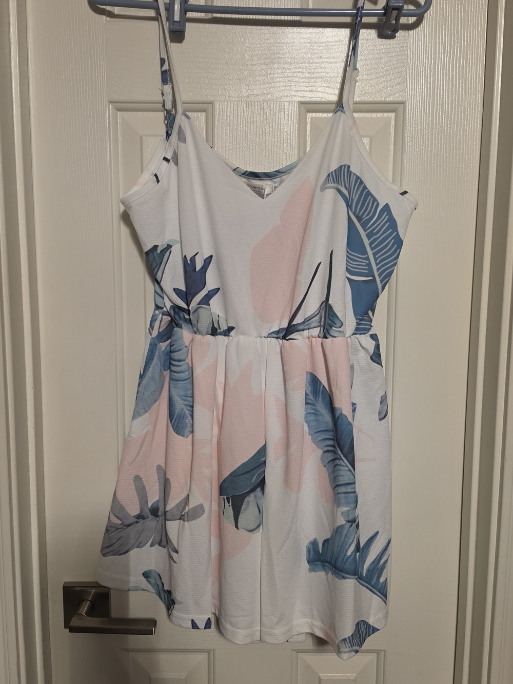 Womans Floral Print Romper with Blue and Pink Leaves